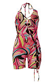 Blue Women Sexy Condole Blet Tie Dye Bandage Hallter Neck Hollow Out Digital Printing Romper Shorts ZZ2131-3