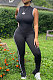 Black Summer Edge Strip Spliced Sleeveless O Neck Collcet Waist Zip Back Split Sport Jumpsuitts FH159-6