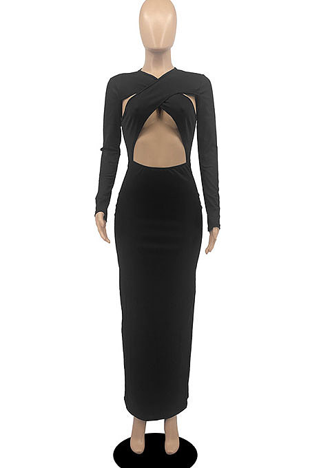 White Sexy Cotton Blend Long Sleeve Strapless Hollow Out Solid Color Bodycon Dress DR88122-4