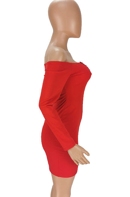 Red Women Sexy Solid Color Strapless Pin Mini Dress ANK06022-1