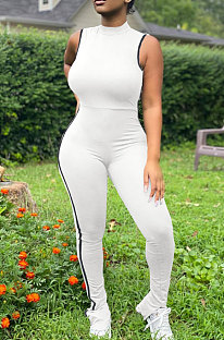 White Summer Edge Strip Spliced Sleeveless O Neck Collcet Waist Zip Back Split Sport Jumpsuitts FH159-2