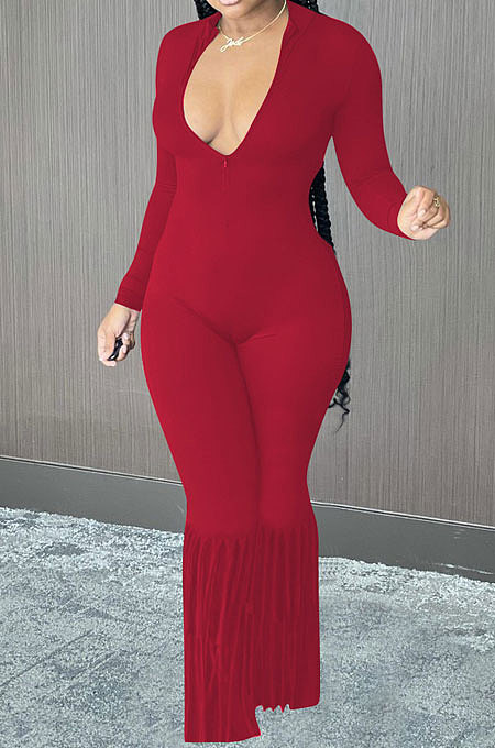 Red Simple New Long Sleeve Stand Neck Zipper Collect Waist Tassel Wide Leg Jumpsuits E8614-1