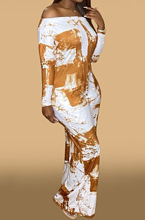 Yellow Women Fashion Casual High Waist Long Pants Printing Jumpsuit OMY80050-1