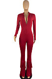 Red Simple New Long Sleeve Stand Neck Zipper Collect Waist Tassel Wide Leg Jumpsuits E8614-1