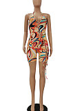 Purple Women Sexy Condole Blet Tie Dye Bandage Hallter Neck Hollow Out Digital Printing Romper Shorts ZZ2131-1