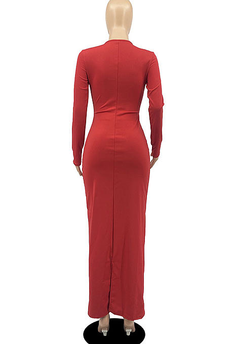 Red Sexy Cotton Blend Long Sleeve Strapless Hollow Out Solid Color Bodycon Dress DR88122-2