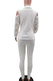 Wine Red Modest Sexy Lace Spliced Long Sleeve Lapel Neck Coat Long Pants Solid Color OL Sets TK6197-2