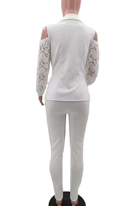 Wine Red Modest Sexy Lace Spliced Long Sleeve Lapel Neck Coat Long Pants Solid Color OL Sets TK6197-2