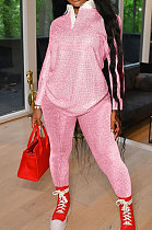 Pink Autumn Women Long Sleeve Lapel Neck Jumper Pencil Pants Loose Casual Sets TK6195-2