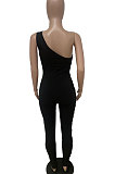 Black Women Oblique Shoulder Condole Belt Eyelet Bandage Pure Color Bodycon Jumpsuits LD81045-1