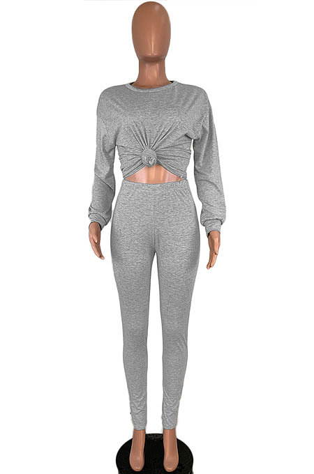 Yellow Women Pure Color Long Sleeve Round Collar Fashion Sport Pants Sets AMM8191-1