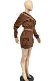 Black Women Fashion Long Sleeve Solid Color Zipper Hooded Tops Korea Velvet Pocket Skirts Sets AA5278-3