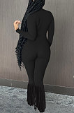 Red Simple New Long Sleeve Stand Neck Zipper Collect Waist Tassel Wide Leg Jumpsuits E8614-1