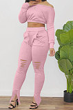 Gray Euramerican Women Trendy Solid Color Oblique Shoulder Tops Hole Pants Sets AA2034-2