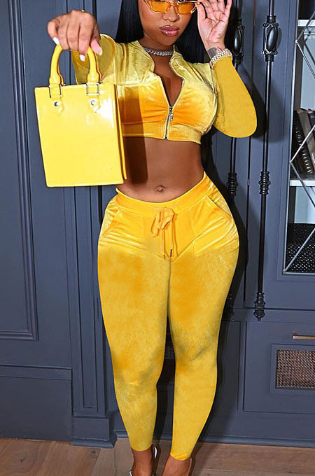 Yellow Wholesal New Pleuche Long Sleevve Zipper Hoodie Pencil Patns Sport Sets FFE176-2