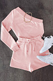 Coffee Modest Autumn One Sleeve Oblique Shoulder Top Drawsting Shorts Casual Sets FH157-1
