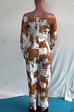 Blue Women Fashion Casual High Waist Long Pants Printing Jumpsuit OMY80050-2