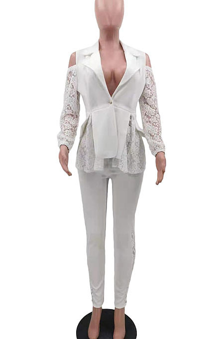 Red Modest Sexy Lace Spliced Long Sleeve Lapel Neck Coat Long Pants Solid Color OL Sets TK6197-1