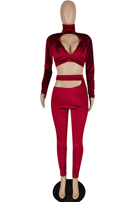 Wine Red Pleuche Women Long Sleeve Strapless High Waist Bodycon Pants Sexy Two-Piece E8551-2