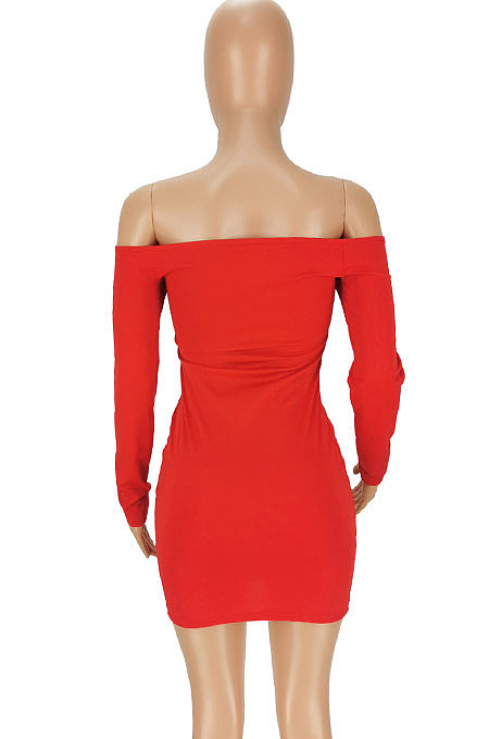 Red Women Sexy Solid Color Strapless Pin Mini Dress ANK06022-1