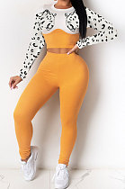 Yellow Euramerican Fshion Casual Crop Round Collar Long Sleeve Color Matching Pants Sets KF232-2