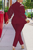 Pink Modest Sexy Lace Spliced Long Sleeve Lapel Neck Coat Long Pants Solid Color OL Sets TK6197-3