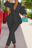 Wine Red Modest Sexy Lace Spliced Long Sleeve Lapel Neck Coat Long Pants Solid Color OL Sets TK6197-2