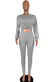 Gray Women Pure Color Long Sleeve Round Collar Fashion Sport Pants Sets AMM8191-2
