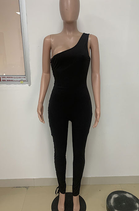White Women Oblique Shoulder Condole Belt Eyelet Bandage Pure Color Bodycon Jumpsuits LD81045-2