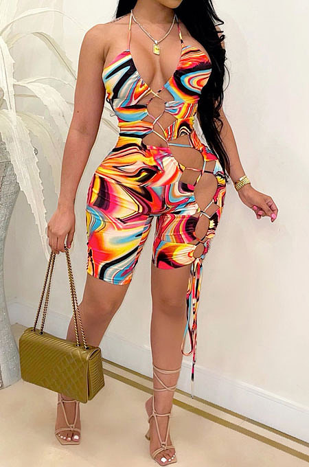 Orange Women Sexy Condole Blet Tie Dye Bandage Hallter Neck Hollow Out Digital Printing Romper Shorts ZZ2131-2