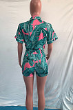 Green Women Fashion Printing Irregular Bandage Shorts Sets OMY80038-1