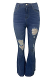 Blue Autumn Winter Women Hole Tight Mid Waist Flare Leg Pants LD81047