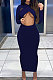 Navy Blue Sexy Cotton Blend Long Sleeve Strapless Hollow Out Solid Color Bodycon Dress DR88122-5