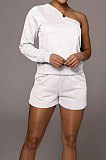 Coffee Modest Autumn One Sleeve Oblique Shoulder Top Drawsting Shorts Casual Sets FH157-1