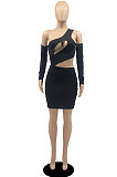 Black Autumn New Long Sleeve Oblique Shoulder Hollow Out Mini Dress DR88121-3