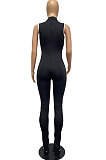 Red Summer Edge Strip Spliced Sleeveless O Neck Collcet Waist Zip Back Split Sport Jumpsuitts FH159-3