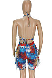 Colorful Euramerican Women Sexy Bandage Hallter Neck Backless Printing Shorts Sets ANK06023