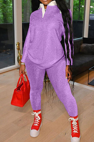 Purple Autumn Women Long Sleeve Lapel Neck Jumper Pencil Pants Loose Casual Sets TK6195-4