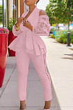 Wine Red Modest Sexy Lace Spliced Long Sleeve Lapel Neck Coat Long Pants Solid Color OL Sets TK6197-2