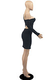 Black Autumn New Long Sleeve Oblique Shoulder Hollow Out Mini Dress DR88121-3