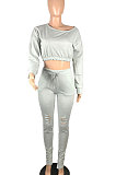 Pink Euramerican Women Trendy Solid Color Oblique Shoulder Tops Hole Pants Sets AA2034-1