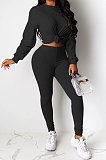 Gray Women Pure Color Long Sleeve Round Collar Fashion Sport Pants Sets AMM8191-2