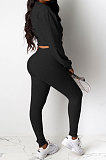 Gray Women Pure Color Long Sleeve Round Collar Fashion Sport Pants Sets AMM8191-2