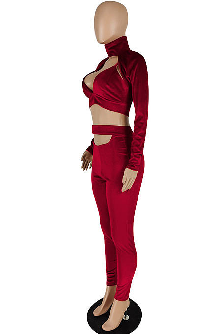 Wine Red Pleuche Women Long Sleeve Strapless High Waist Bodycon Pants Sexy Two-Piece E8551-2