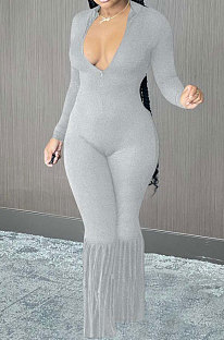Gray Simple New Long Sleeve Stand Neck Zipper Collect Waist Tassel Wide Leg Jumpsuits E8614-3