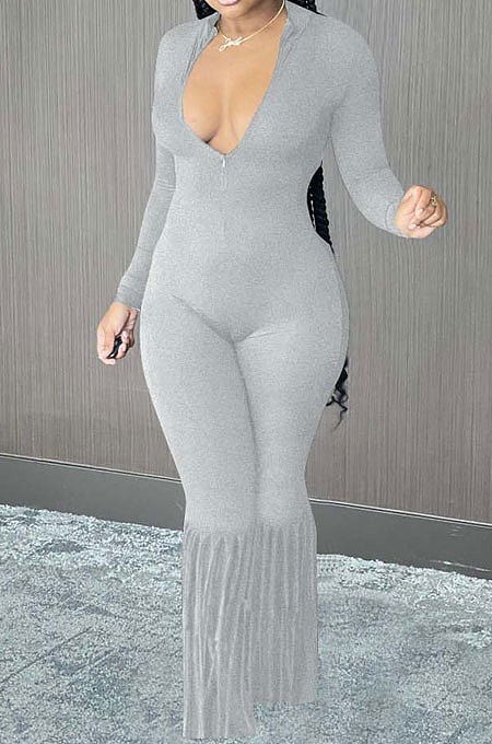Gray Simple New Long Sleeve Stand Neck Zipper Collect Waist Tassel Wide Leg Jumpsuits E8614-3