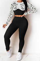 Black Euramerican Fshion Casual Crop Round Collar Long Sleeve Color Matching Pants Sets KF232-3