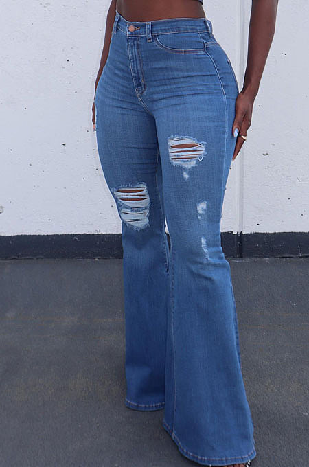 Blue Autumn Winter Women Hole Tight Mid Waist Flare Leg Pants LD81047