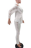 Pink Modest Sexy Lace Spliced Long Sleeve Lapel Neck Coat Long Pants Solid Color OL Sets TK6197-3