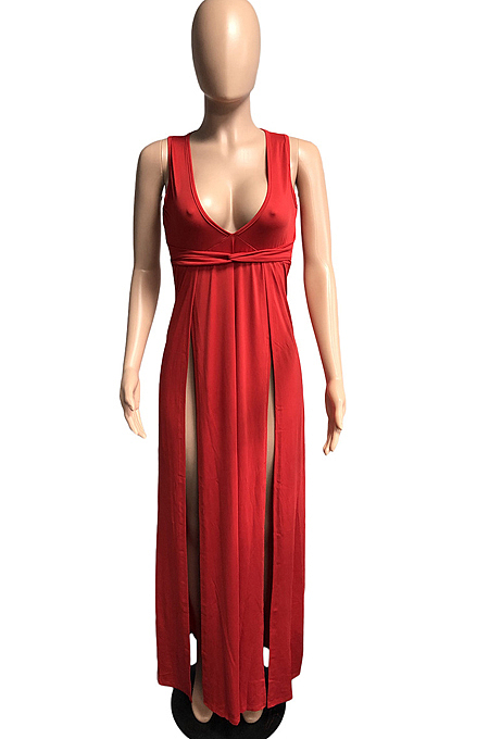 Blue Sexy Wholesal Sleeveless Deep V Neck Personality Slim Fitting Long Dress WA7205-3
